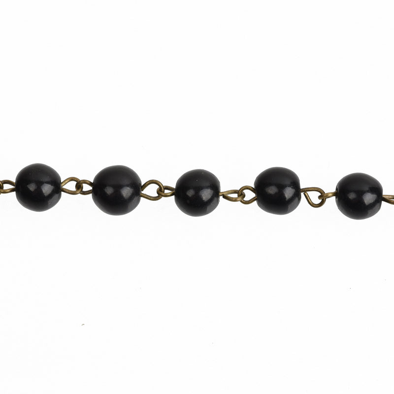 1 yard (3ft) BLACK Howlite Rosary Chain, bronze wire links, 8mm round stone bead chain, fch0759a