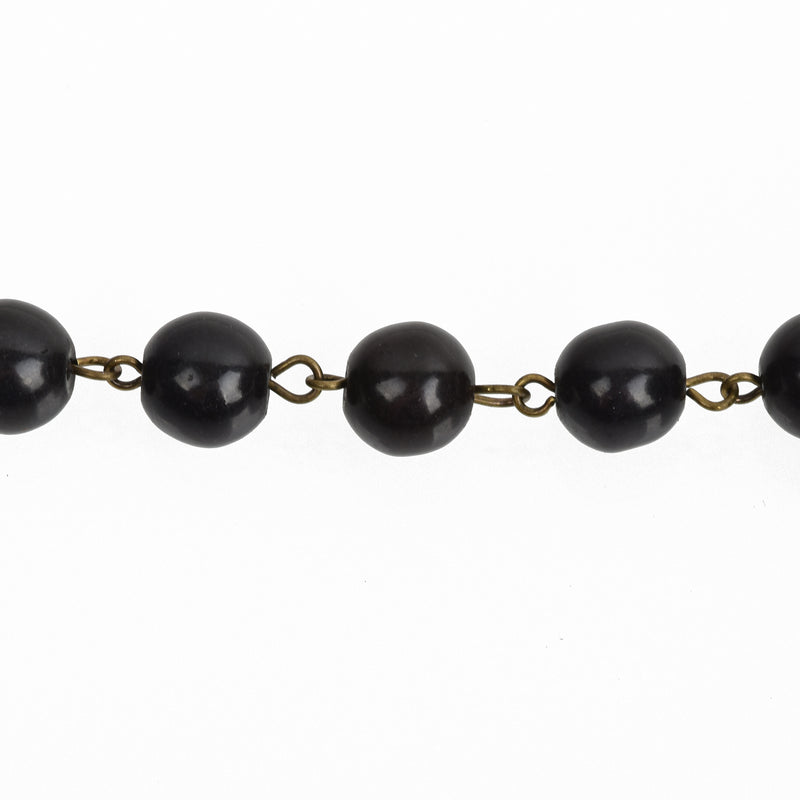 1 yard (3ft) BLACK Howlite Rosary Chain, bronze wire links, 8mm round stone bead chain, fch0759a