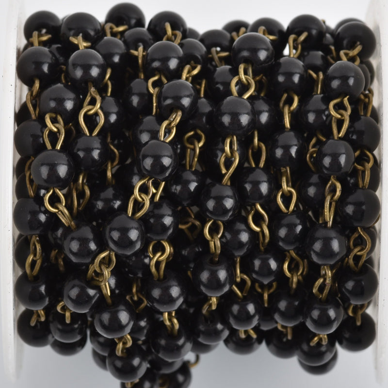 13 feet (4.33 yards) BLACK Howlite Rosary Chain, bronze wire links, 6mm round stone bead chain, fch0761b