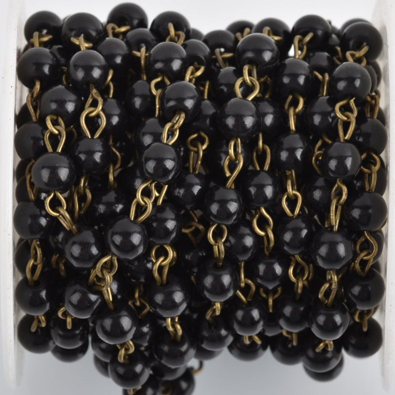 1 yard (3 ft) BLACK Howlite Rosary Chain, bronze wire links, 6mm round stone bead chain, fch0761a