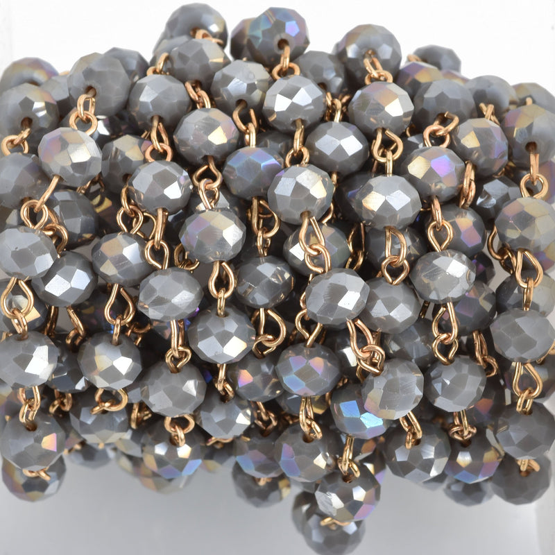 13 feet (4.33 yards) HEATHER GREY AB Crystal Rondelle Rosary Chain, bright gold, 8mm faceted rondelle glass beads, fch0762b