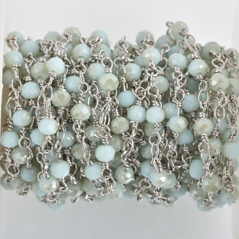 13ft (4.33 yds) LIGHT BLUE Crystal Rosary Bead Chain, half plated beads, silver double wrap wire, 4mm faceted rondelle glass beads, fch0764b