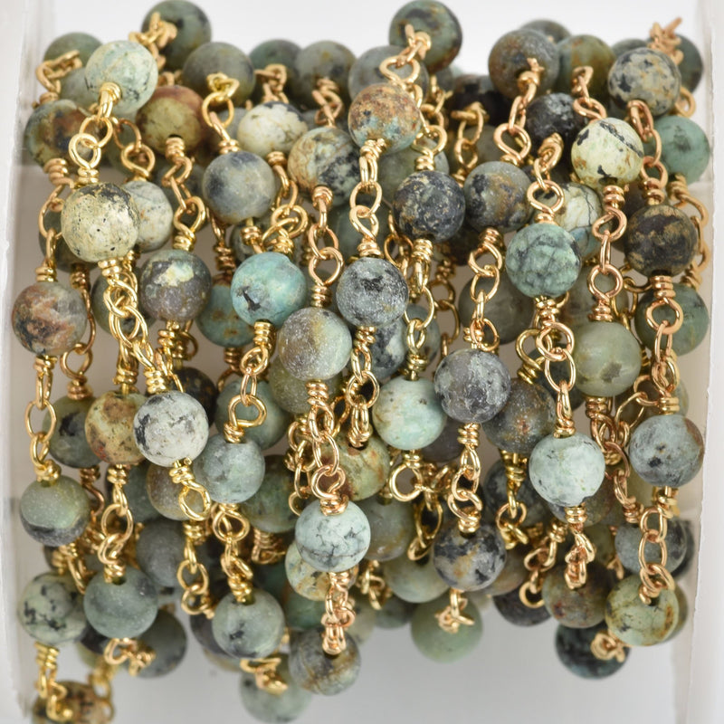 13 ft (4.33 yards) Matte Green AFRICAN TURQUOISE Gemstone Rosary Chain, bright gold double wrap, 6mm round gemstone beads fch0765b
