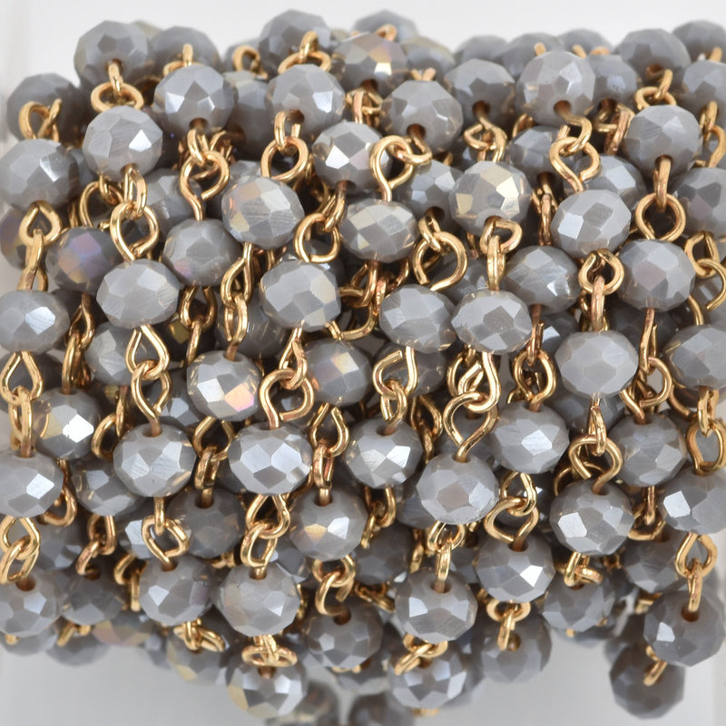 1 yard (3 feet) HEATHER GREY Crystal Rondelle Rosary Chain, bright gold, 6mm faceted rondelle glass beads, fch0766a