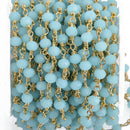 1 yard Baby Blue Opal Crystal Rondelle Rosary Chain, gold double wrap, 6mm faceted rondelle OPAQUE glass beads, fch0767a