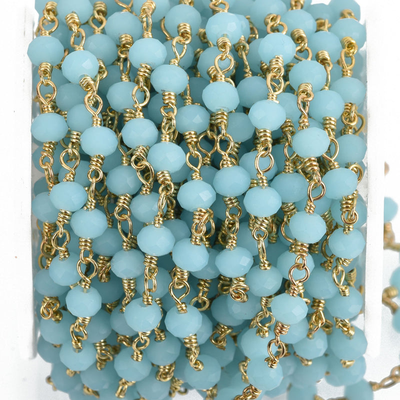 1 yard Baby Blue Opal Crystal Rondelle Rosary Chain, gold double wrap, 6mm faceted rondelle OPAQUE glass beads, fch0767a