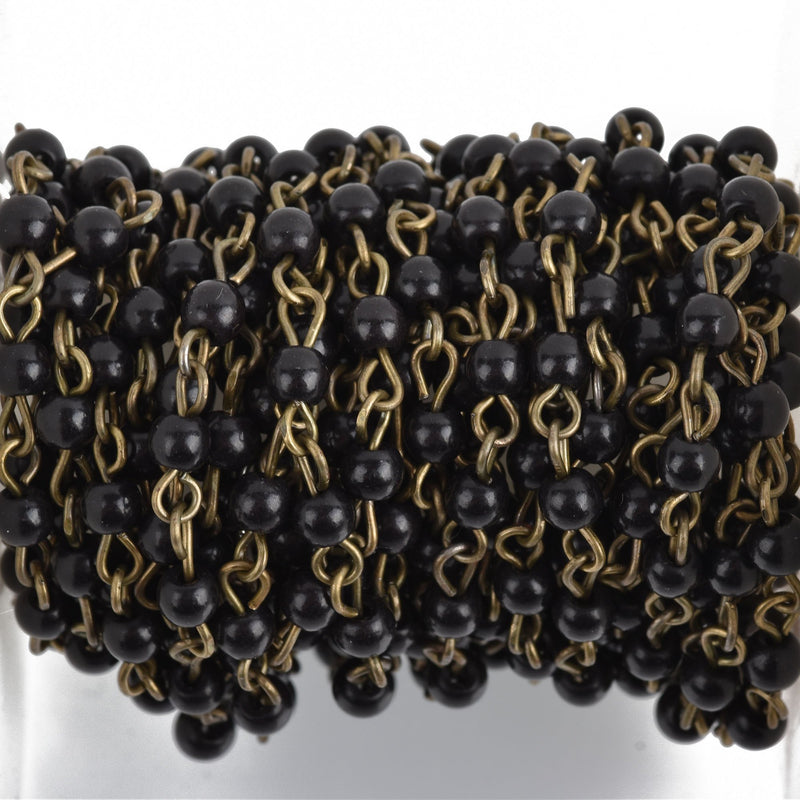 1 yard (3 ft) BLACK Howlite Rosary Chain, bronze wire links, 4mm round stone bead chain, fch0768a