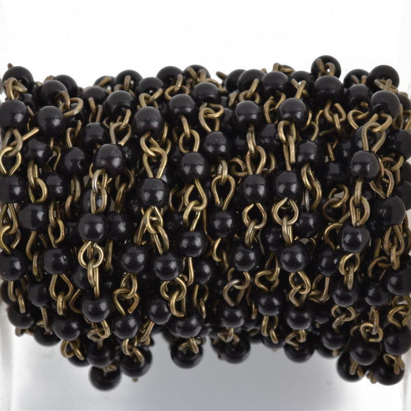 13 feet (4.33 yards) BLACK Howlite Rosary Chain, bronze wire links, 4mm round stone bead chain, fch0768b
