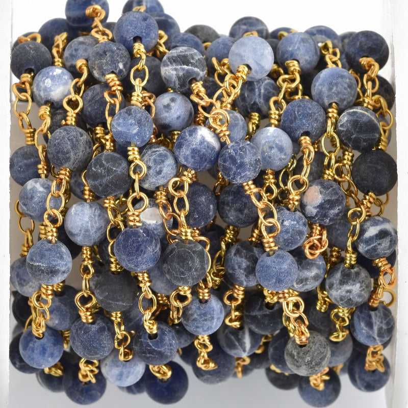 1 yard (3 ft) Matte SODALITE GEMSTONE Rosary Chain, bright gold, denim blue white natural sodalite, 6mm round gemstone beads, fch0773a