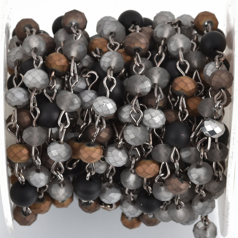 13 feet Matte Crystal Gemstone Rosary Chain, Gunmetal, 6mm, silver, gray, bronze, black howlite, fch0774b