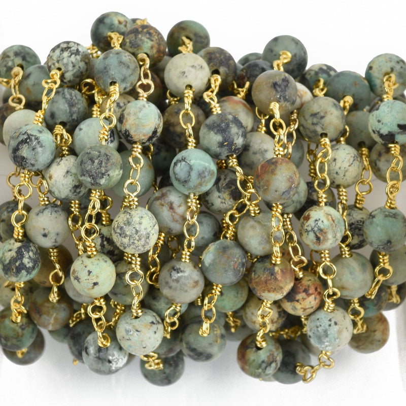 13 feet (4.33 yards) Matte Green AFRICAN TURQUOISE Gemstone Rosary Chain, bright gold double wrap, 8mm round gemstone beads fch0777b