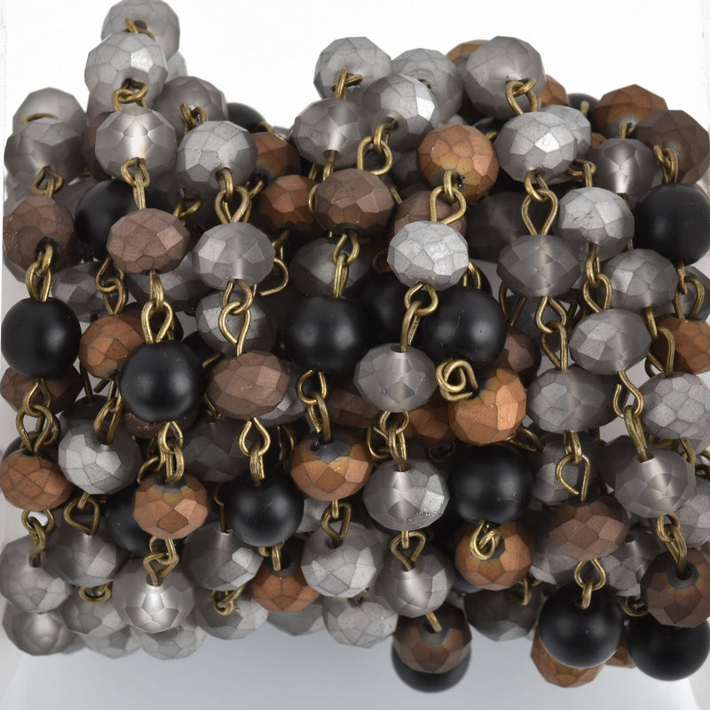 13 feet (4.33 yards) Matte Crystal Gemstone Rosary Chain, Bronze, 6mm, silver, gray, bronze, black howlite, fch0778b