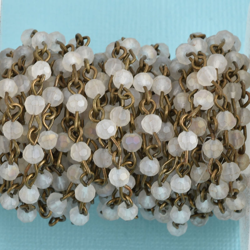 13 feet (4.33 yards) Frosted Matte WHITE AB Crystal Rosary Chain, bronze, 4mm round faceted crystal beads, fch0779b