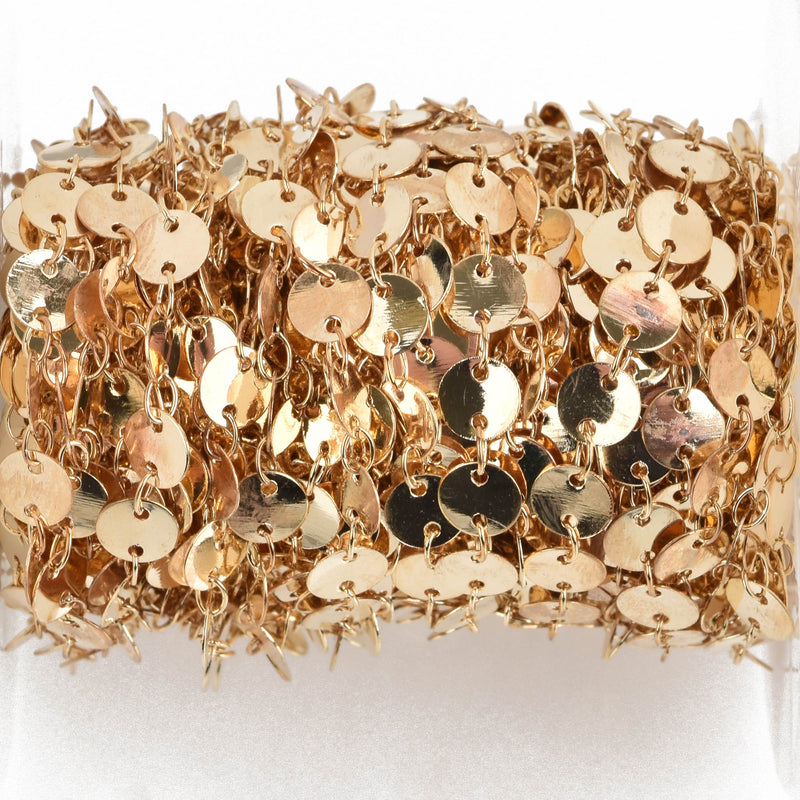 10 yards (30+ feet) of LIGHT GOLD DISC Chain, Sequin Chain, Curb Link Chain, brass chain, 6mm round flat discs, fch0780b