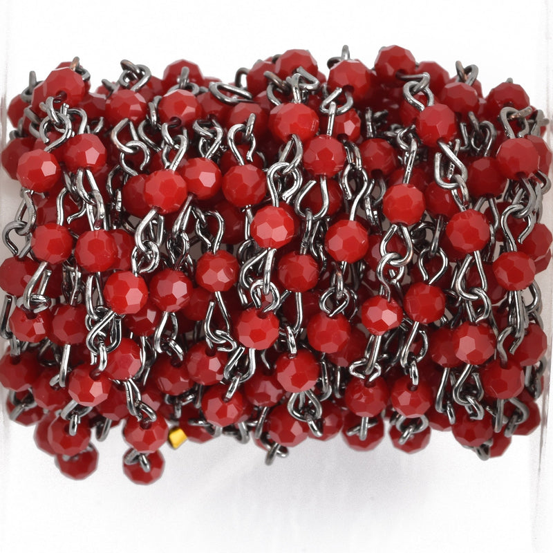 1 yard Dark Red Crystal Rosary Chain, gunmetal, 4mm round faceted crystal beads, fch0785a