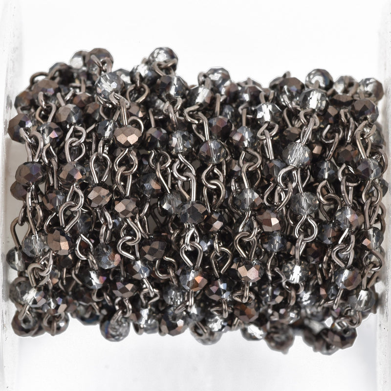 3 ft (1 yard) SMOKE CHARCOAL GREY Crystal Rosary Bead Chain, gunmetal, 4mm faceted rondelle glass beads, fch0786a