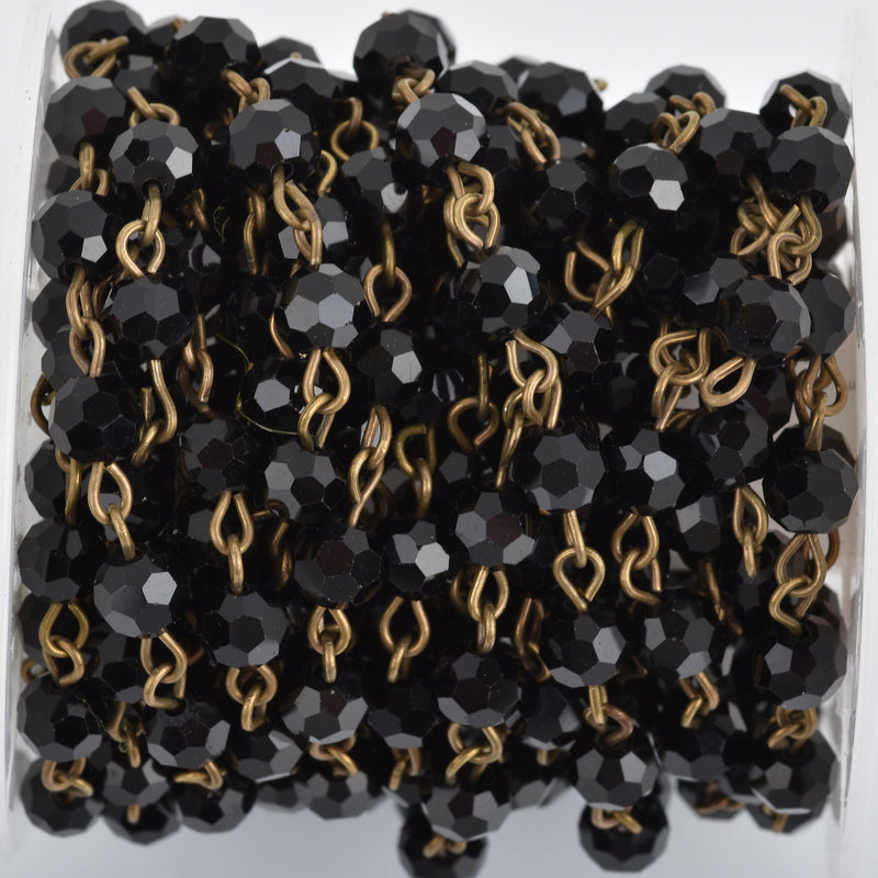 3 ft (1 yard) Black Crystal Rosary Chain, bronze, 6mm round faceted crystal beads, fch0787a