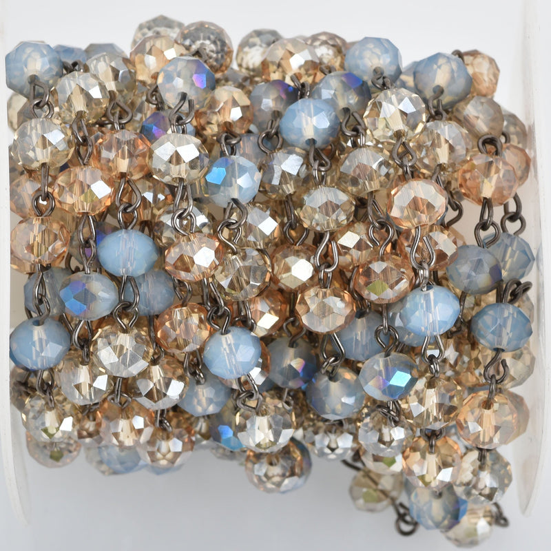 1 yard Crystal Rondelle Rosary Chain, golden shadow and opal crystals, gunmetal, 8mm faceted rondelle glass beads, fch0798a
