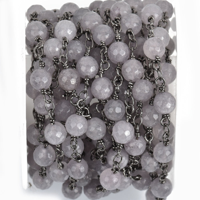 3 feet (1 yard) GREY JADE GEMSTONE Rosary Chain, gunmetal links, 6mm round faceted gemstone beads, fch0800a