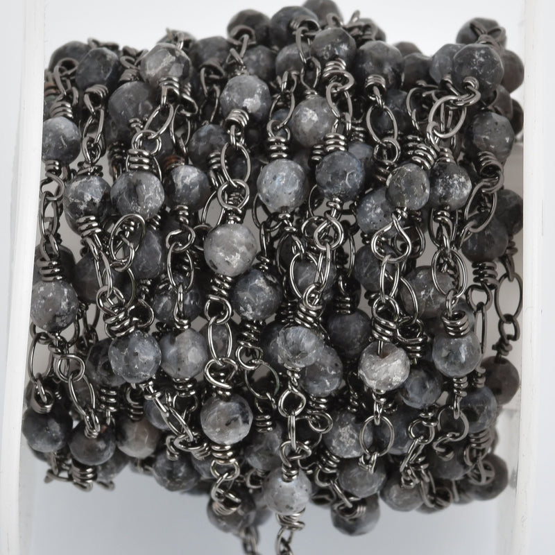 3 feet (1 yard) BLACK LABRADORITE GEMSTONE Rosary Chain, gunmetal black links, double wrapped 4mm round gemstone beads, fch0802a
