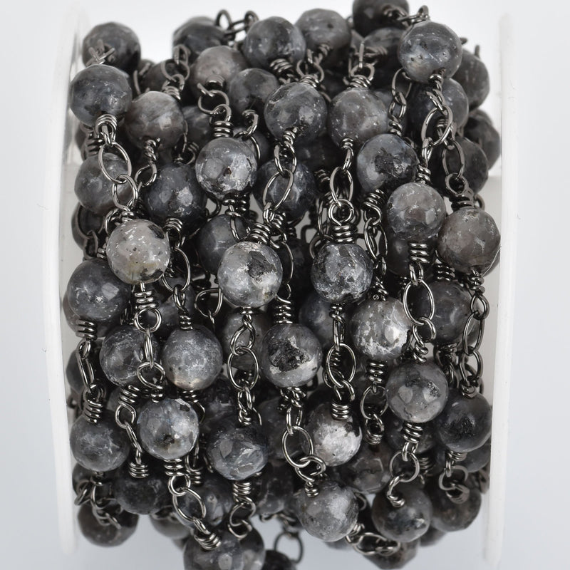 13 feet BLACK LABRADORITE GEMSTONE Rosary Chain, gunmetal black links, double wrapped 6mm round gemstone beads, fch0803b