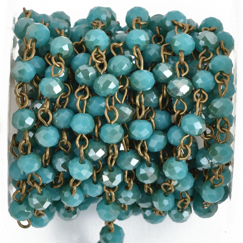 1 yard (3 feet) TURQUOISE TEAL BLUE Tan Crystal Rondelle Rosary Chain, bronze, 6mm faceted rondelle glass beads, fch0804a