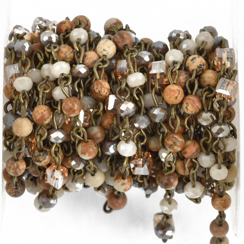 13 feet Gemstone Crystal Rosary Chain, bronze, 4mm Picture Jasper, Crystal Cube and Rondelle Beads, fch0805b