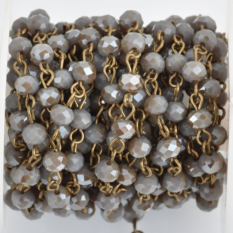 1 yard (3 ft) GRAY and MUSHROOM BROWN Crystal Rondelle Rosary Chain, bronze, 6mm faceted rondelle glass beads, fch0806a