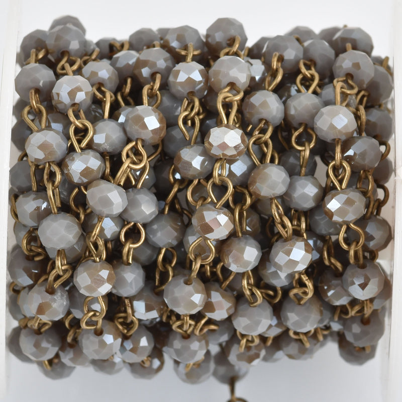 13ft GRAY and MUSHROOM BROWN Crystal Rondelle Rosary Chain, bronze, 6mm faceted rondelle glass beads, fch0806b