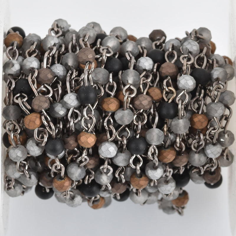 1 yard (3 ft) Matte Crystal Gemstone Rosary Chain, Gunmetal, 4mm, silver, gray, bronze, black howlite, fch0807a