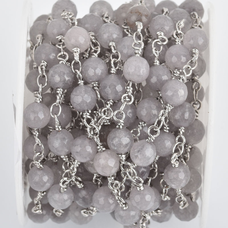 13 ft (4.33 yards) GRAY JADE GEMSTONE Rosary Chain, silver links, 6mm round faceted gemstone beads, fch0808b