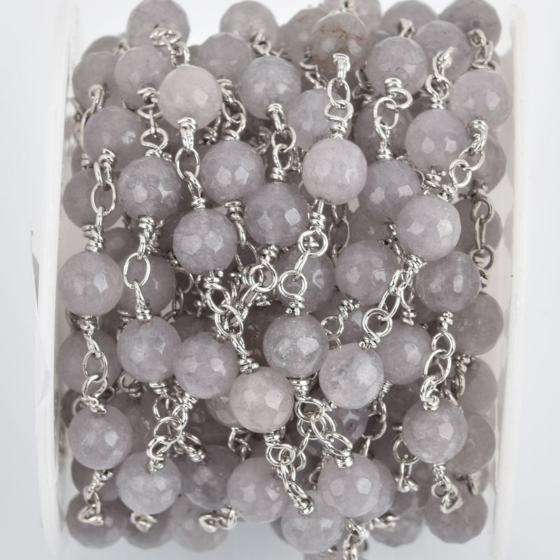 3 feet (1 yard) GRAY JADE GEMSTONE Rosary Chain, silver links, 6mm round faceted gemstone beads, fch0808a