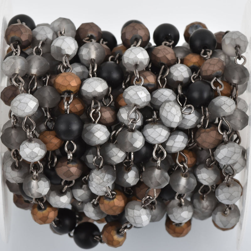 13 ft (4.33 yards) Matte Crystal Gemstone Rosary Chain, Gunmetal, 8mm, silver, gray, bronze, black howlite, fch0809b