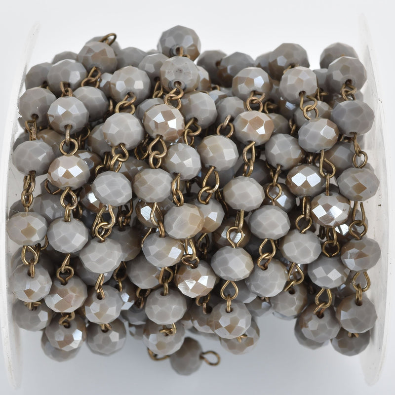 13 feet GRAY MUSHROOM Crystal Rondelle Rosary Chain, bronze, 8mm faceted grey rondelle glass beads, fch0810b