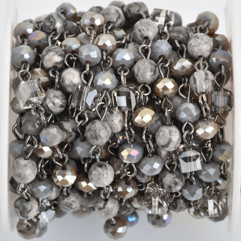 13 feet Gemstone Crystal Rosary Chain, Grey Picture Jasper, Crystal Cube and Rondelle Beads, gunmetal, 6mm fch0812b