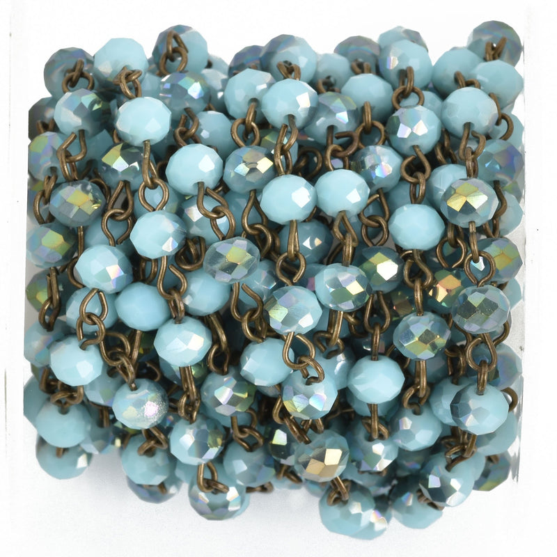 1 yard (3 ft) TURQUOISE BLUE AB Crystal Rondelle Rosary Chain, bronze, 6mm faceted rondelle glass beads, fch0814a