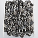 1 yard BLACK LABRADORITE GEMSTONE Rosary Chain, silver links, double wrapped 6mm round gemstone beads, fch0815a
