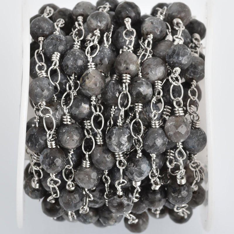 1 yard BLACK LABRADORITE GEMSTONE Rosary Chain, silver links, double wrapped 6mm round gemstone beads, fch0815a