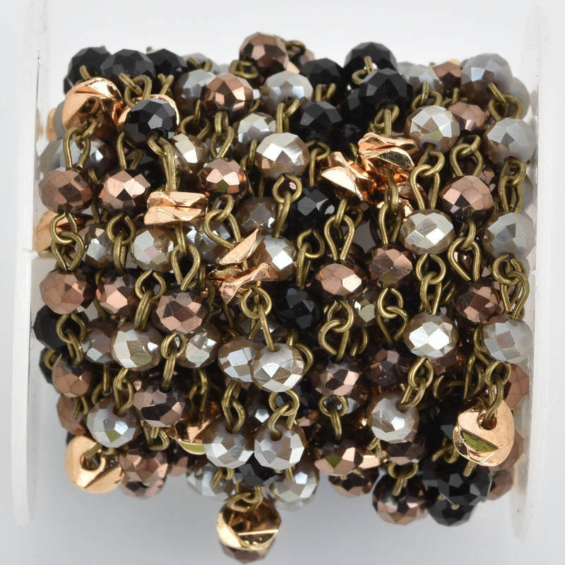 13ft Crystal Rondelle Rosary Chain, mushroom brown, gold heishi beads, black, bronze wire, 6mm faceted glass beads, fch0816b
