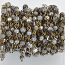 13 feet (4.33 yards) Gemstone Crystal Rosary Chain, Grey Picture Jasper, Crystal Cube and Rondelle Beads, bronze, 4mm fch0817b