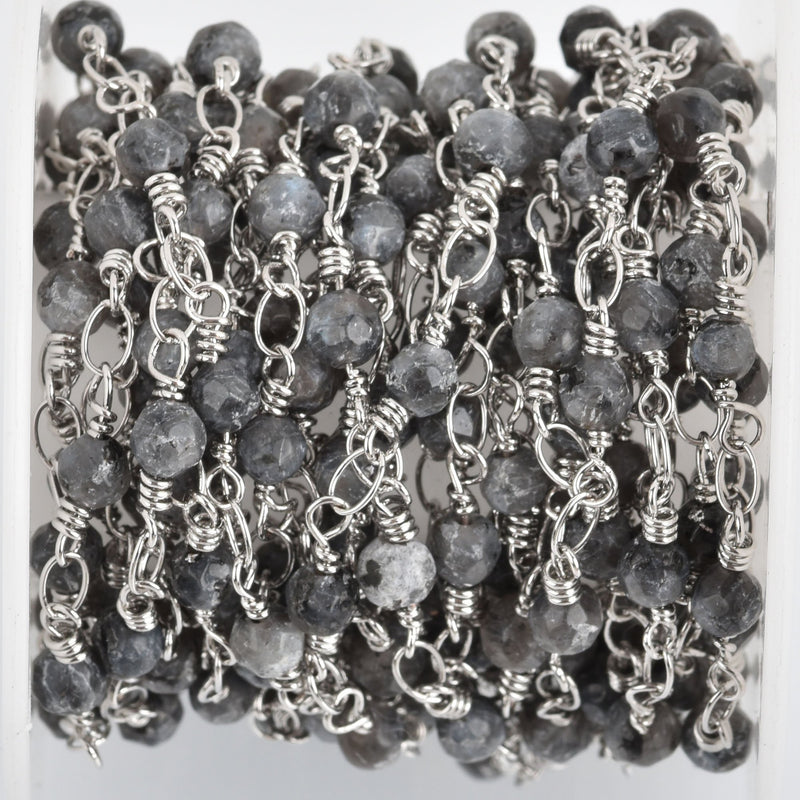 13 feet (4.33 yards) BLACK LABRADORITE GEMSTONE Rosary Chain, silver links, double wrapped 4mm round gemstone beads, fch0818b