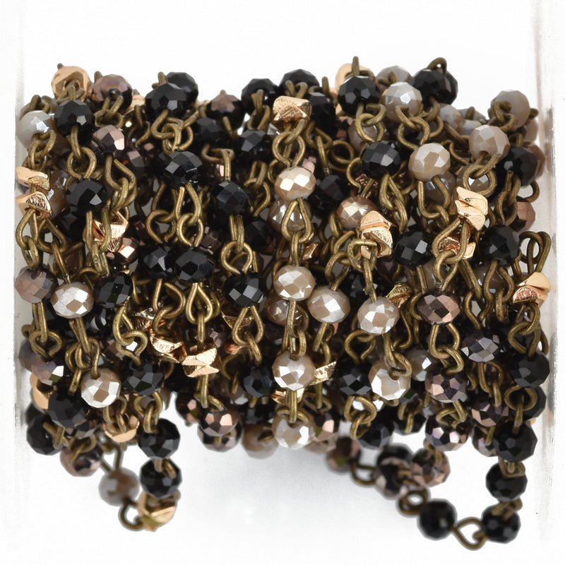 3ft Crystal Rondelle Rosary Chain, mushroom brown, gold heishi beads, black, bronze wire, 4mm faceted glass beads, fch0819a