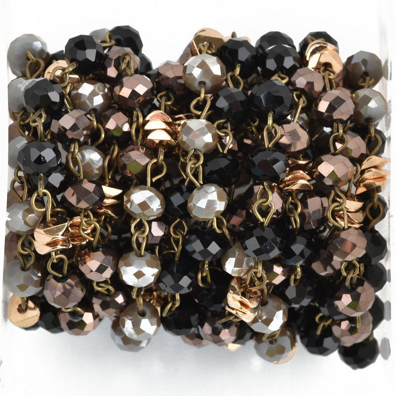 1 yard Crystal Rondelle Rosary Chain, mushroom brown, gold heishi beads, black, bronze wire, 8mm faceted glass beads, fch0820a