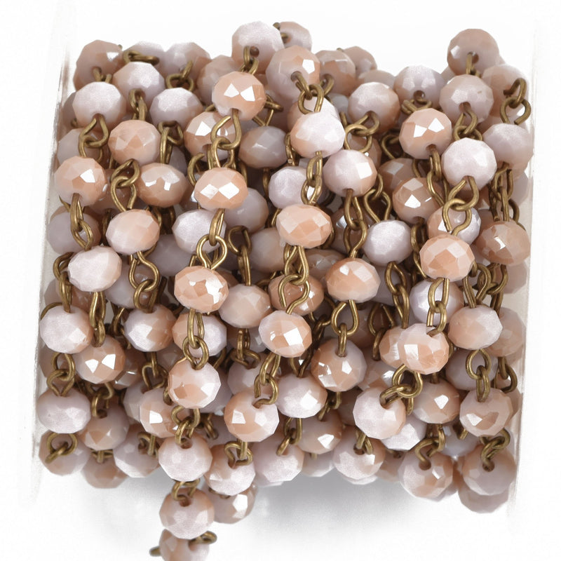 1 yard Crystal Rondelle Rosary Chain, ANTIQUE PINK BLUSH crystals, bronze wire, 6mm faceted rondelle glass beads, fch0821a