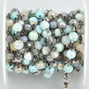 13 feet BLUE GRAY Gemstone Crystal Rosary Chain, Aqua Terra Jasper, Crystal Cube and Rondelle Beads, bronze, 6mm fch0847b