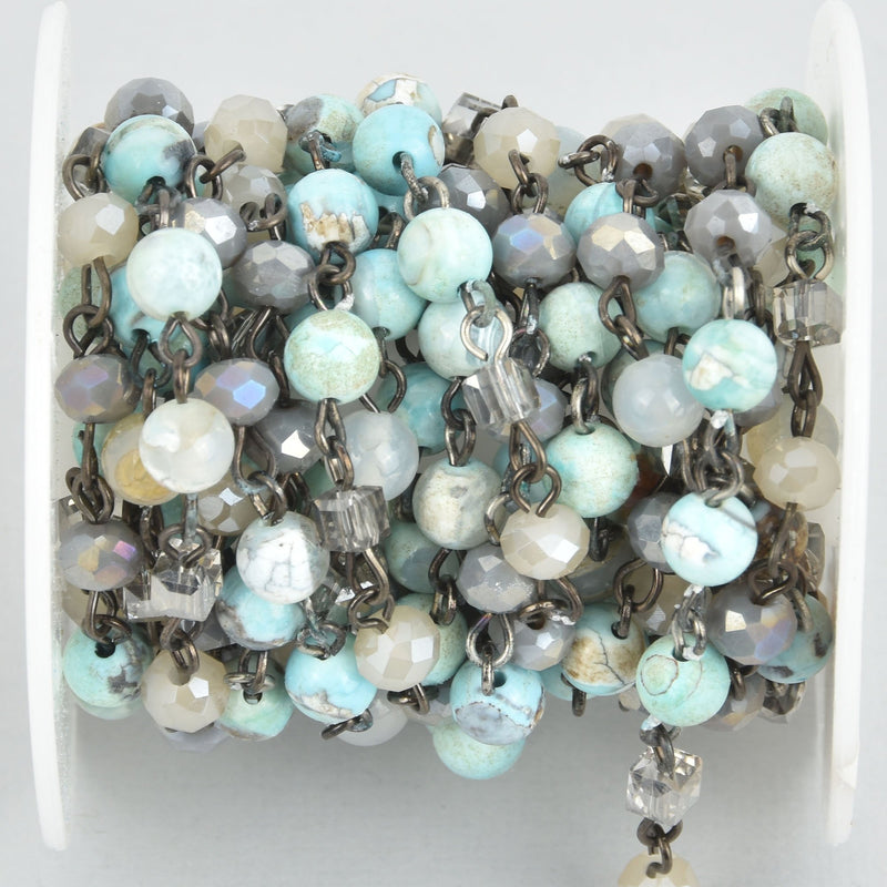 1 yard BLUE GRAY Gemstone Crystal Rosary Chain, Aqua Terra Jasper, Crystal Cube and Rondelle Beads, bronze, 6mm fch0847a