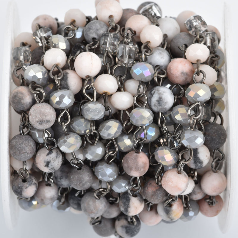 13 feet PINK GRAY Gemstone Crystal Rosary Chain, Matte Zebra Jasper, Crystal Cube and Rondelle Beads, gunmetal, 6mm fch0848b