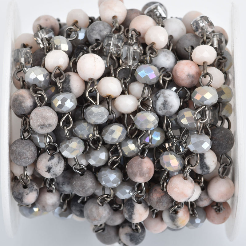 1 yard PINK GRAY Gemstone Crystal Rosary Chain, Matte Zebra Jasper, Crystal Cube and Rondelle Beads, gunmetal, 6mm fch0848a