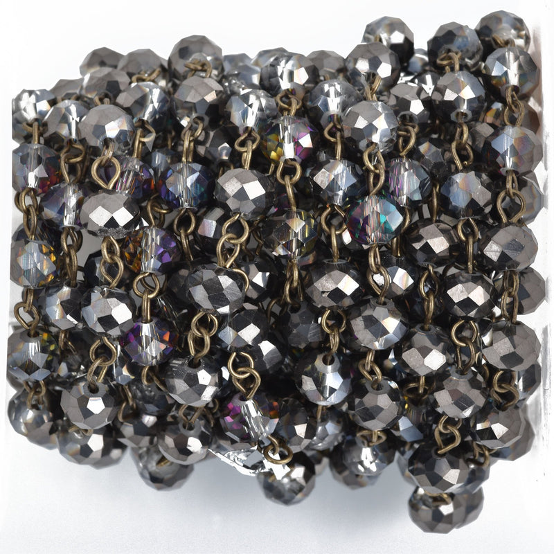 1 yard Smoky Grey AB Crystal Rondelle Rosary Chain, Bronze, 8mm faceted rondelle glass beads, fch0849a