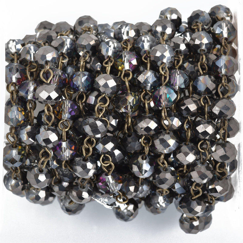 13 feet Smoky Grey AB Crystal Rondelle Rosary Chain, Bronze, 8mm faceted rondelle glass beads, fch0849b